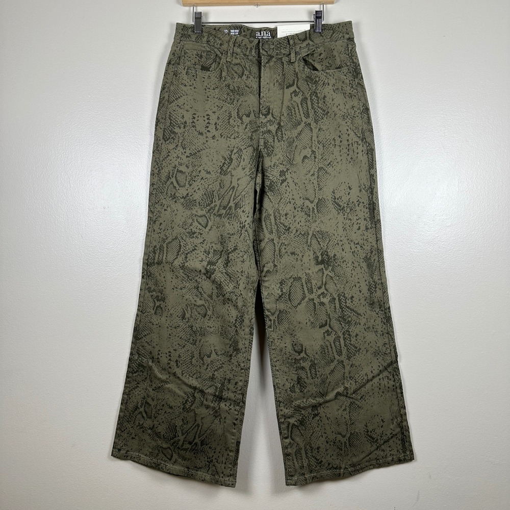 a.n.a Women's 12 High Rise‎ Wide Leg Pants Olive Green Python Snakeskin NWT